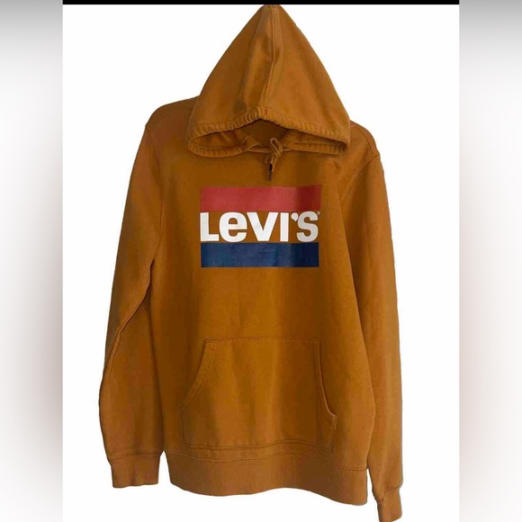 Levi’s Retro Vintage Big Letters Mustard Yellow Hoodie LG EUC Kangaroo Pkts EC - Picture 1 of 6